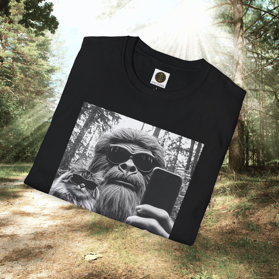 Bigfoot Selfie Unisex T-Shirt with Cat Wearing Sunglasses