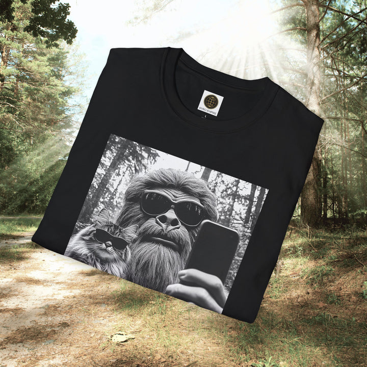 Bigfoot Selfie Unisex T-Shirt with Cat Wearing Sunglasses