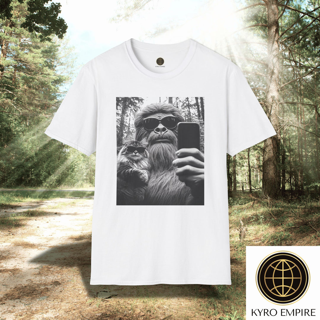 Bigfoot Selfie Unisex T-Shirt with Cat Wearing Sunglasses