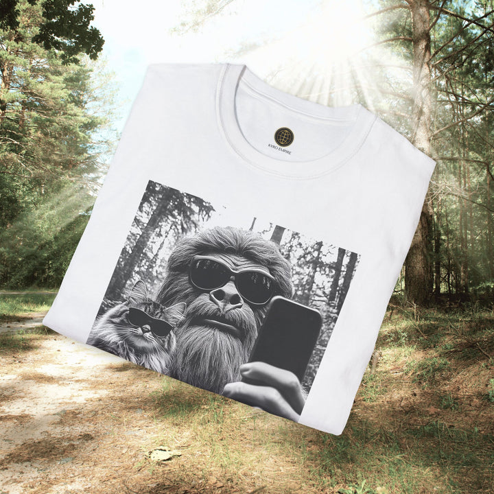 Bigfoot Selfie Unisex T-Shirt with Cat Wearing Sunglasses