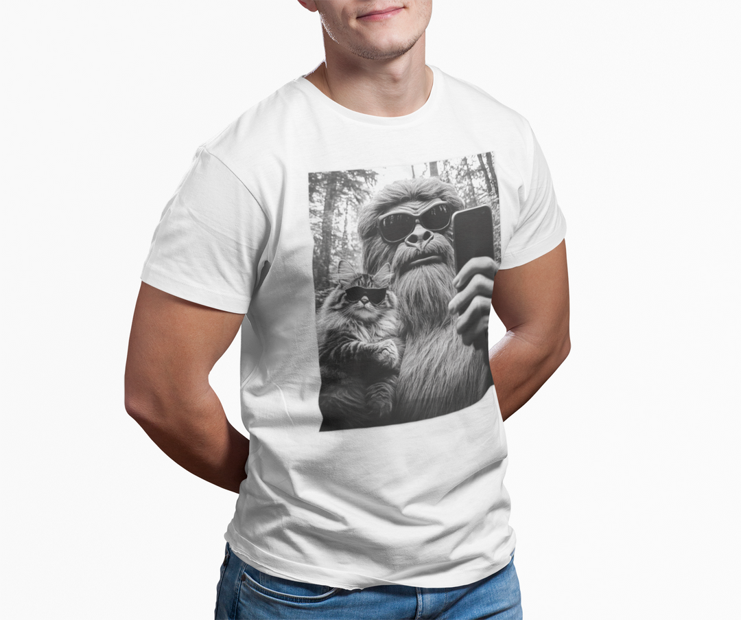 Bigfoot Selfie Unisex T-Shirt with Cat Wearing Sunglasses