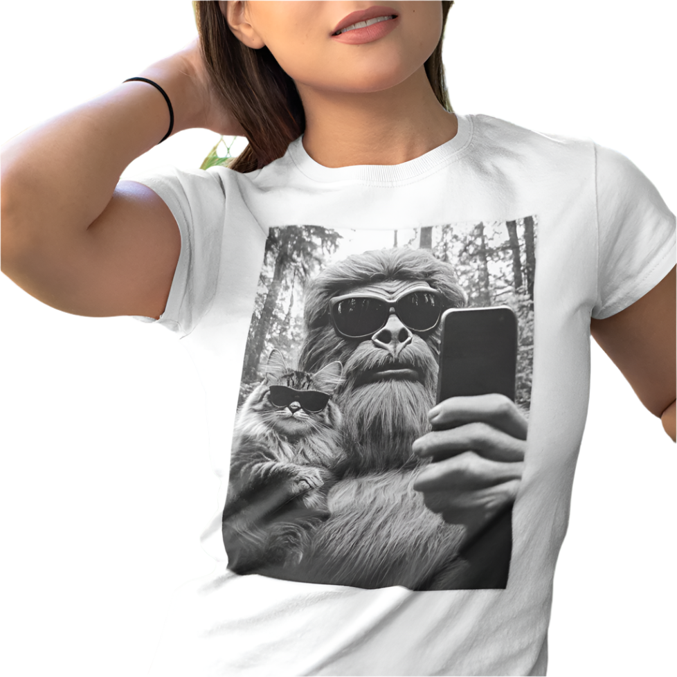 Bigfoot Selfie Unisex T-Shirt with Cat Wearing Sunglasses