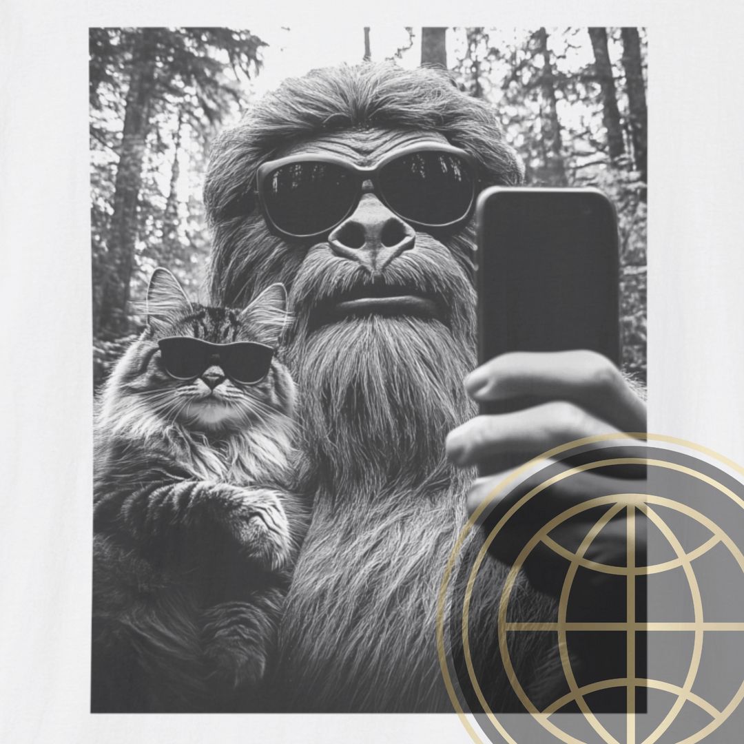 Bigfoot Selfie Unisex T-Shirt with Cat Wearing Sunglasses