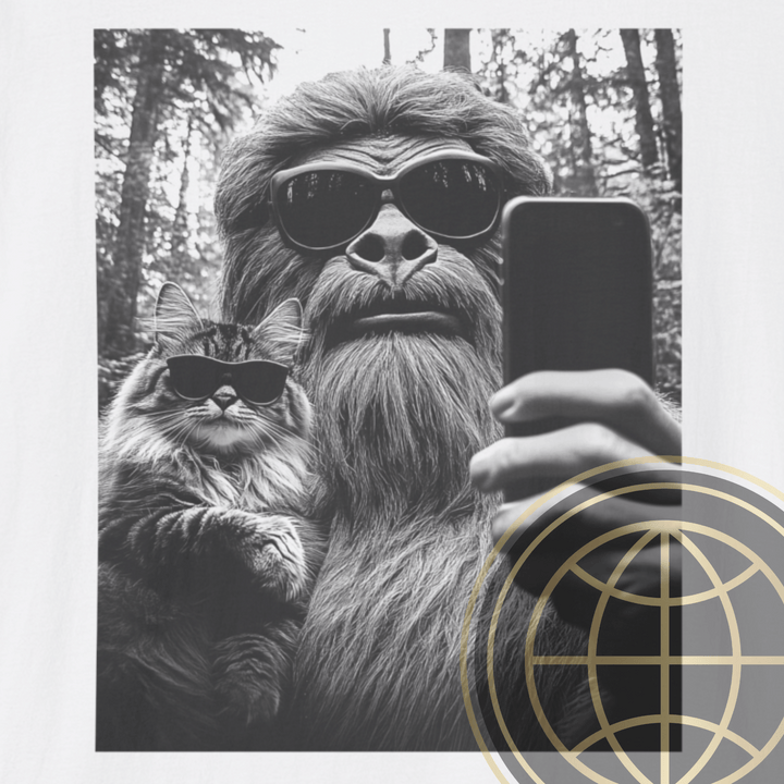 Bigfoot Selfie Unisex T-Shirt with Cat Wearing Sunglasses