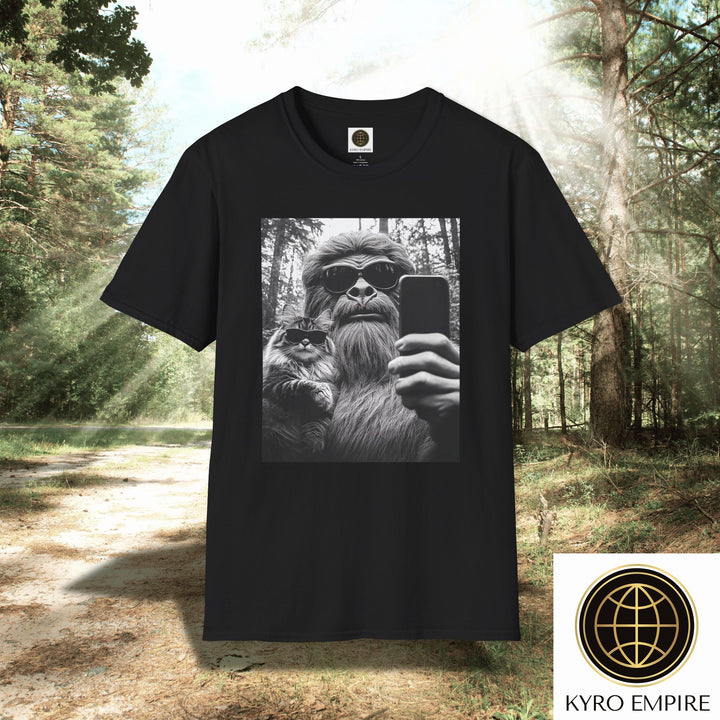 Bigfoot Selfie Unisex T-Shirt with Cat Wearing Sunglasses