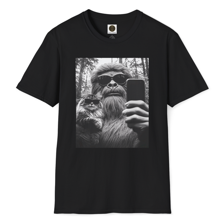 Bigfoot Selfie Unisex T-Shirt with Cat Wearing Sunglasses